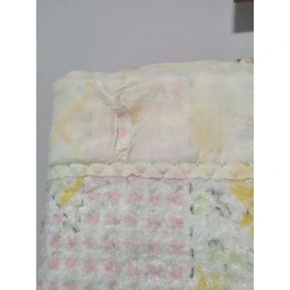 Vintage Handmade Patchwork Baby Quilt Pastel Nursery Blanket Satin Trim Fair